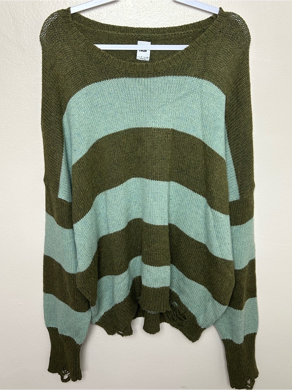 NSF Olive Green and Mint Striped Distressed Scoop Neck Sweater